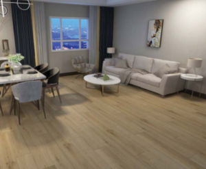 Boden Vinyl Plank in Oak Blonde color, living room layout